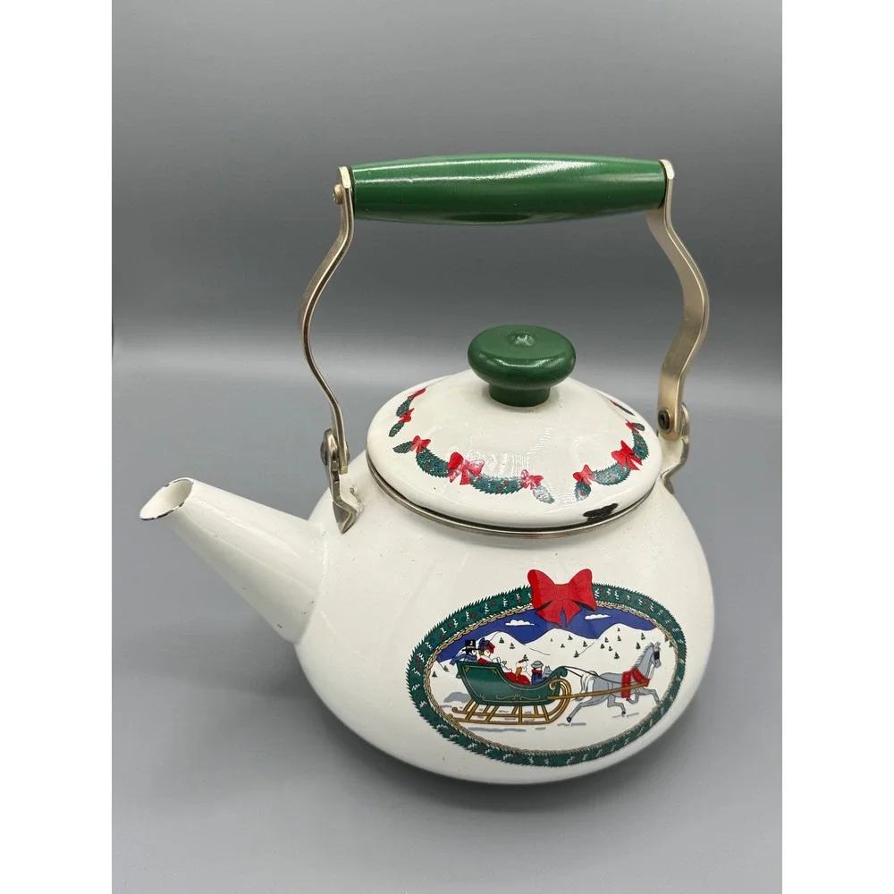 Vintage‎ Christmas Enamel Tea Kettle White Sleigh Ride Holiday Tea Pot